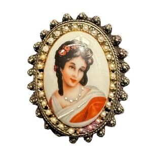 Limoges France Florenza Hand Painted Brooch Cameo Beautiful Woman Seed Pearl VTG